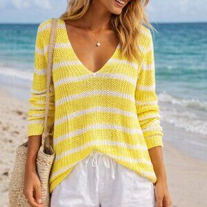 BANANA REPUBLIC Yellow/White Stripe Italian Linen Open Knit Sweater Size Medium